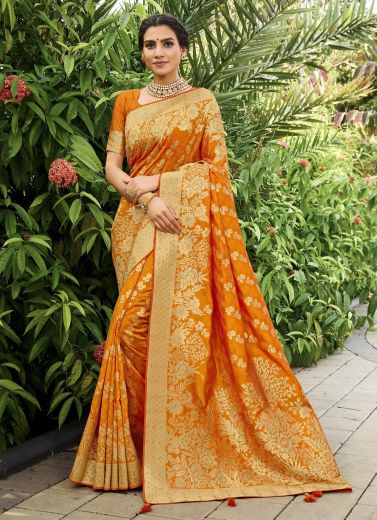 Dark Orange Banarasi Silk Saree
