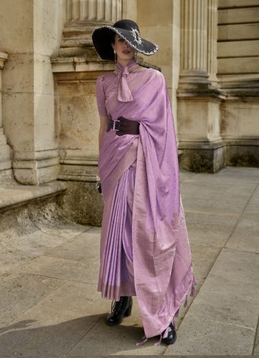 Lilac Satin Woven Silk Party-Wear Handloom Saree
