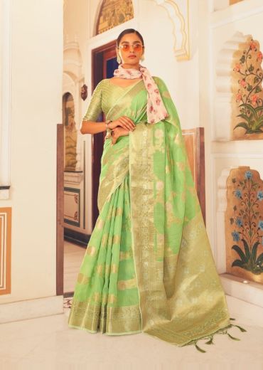 Light Green Linen Weaving Festive-Wear Handloom Saree
