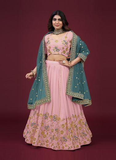 Pink Faux Georgette Embroidered Party-Wear Lehenga Choli