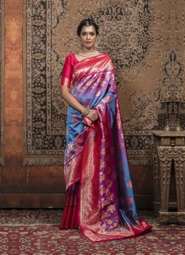 Dull Blue & Pink Red Weaving Festive-Wear Banarasi Silk Saree
