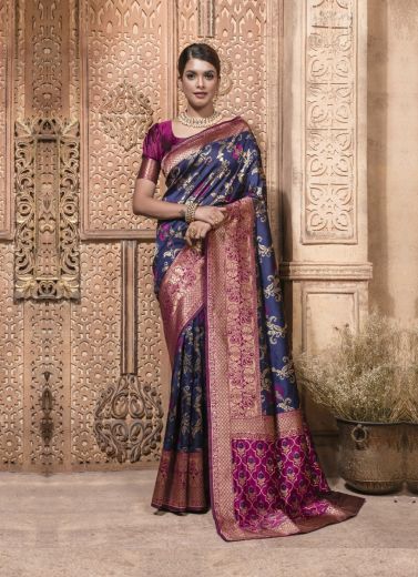 Dark Blue & Purple Weaving Festive-Wear Banarasi Silk Saree
