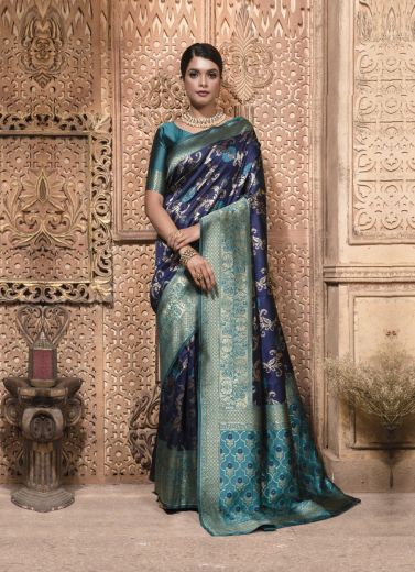 Dark Blue & Teal Blue Weaving Festive-Wear Banarasi Silk Saree