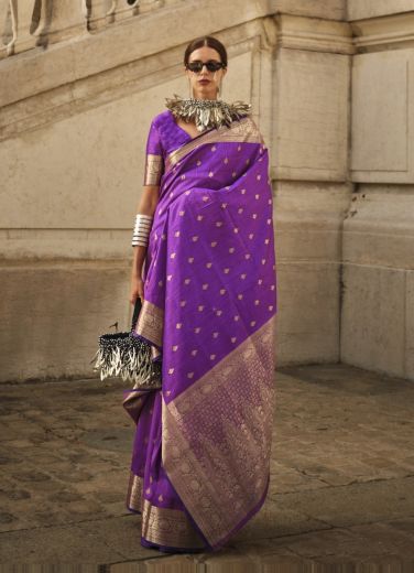 Violet Khadi Silk Woven Handloom Saree For Traditional / Religious Occasions