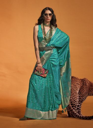 Teal Blue Satin Two Tone Woven Handloom Saree For Traditional / Religious Occasions