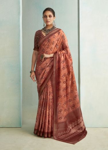 Salmon Pure Jute Printed Handloom Saree For Traditional / Religious Occasions