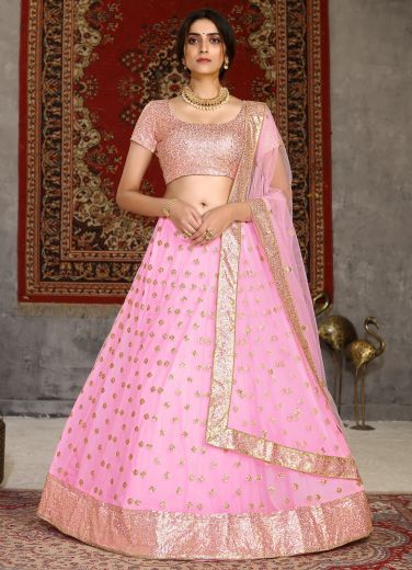 Pink Net With Sequins & Embroidery Work Lehenga Choli
