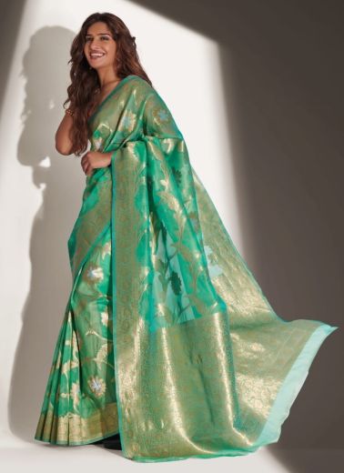 Emerald Green Soft Banarasi Organza Weaving Saree