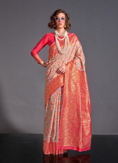 Light Pink Woven Silk Kashmiri Saree For Traditional / Religious Occasions