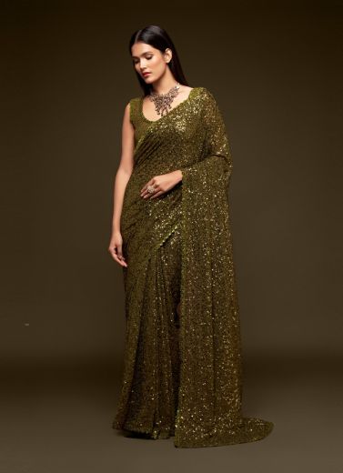 Olive Green Georgette With Sequins Work Saree