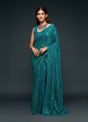 Teal Blue Georgette With Sequins Work Saree
