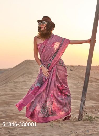 Mauve Pink Linen Woven Party-Wear Handloom Saree