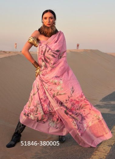 Pink Linen Woven Party-Wear Handloom Saree