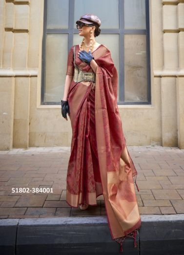 Light Coral Two Tone Organza Woven Party-Wear Soft Silk Saree
