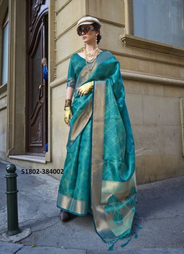 Teal Blue Two Tone Organza Woven Party-Wear Soft Silk Saree