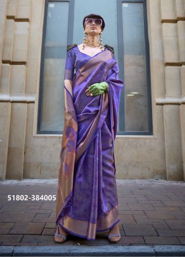 Violet Blue Two Tone Organza Woven Party-Wear Soft Silk Saree