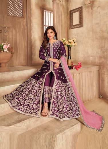 Purple Art Silk Front-Slit Salwar Kameez