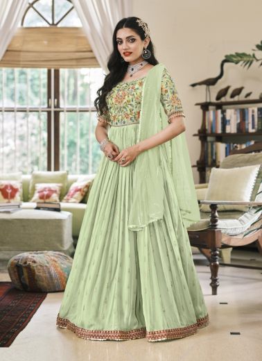 Pista Green Pure Georgette With Heavy Embroidery Gown-Style Salwar Kameez