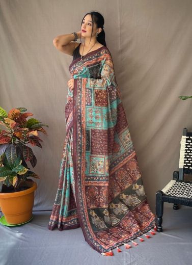 Multicolor Silk With Kalamkari Print Saree