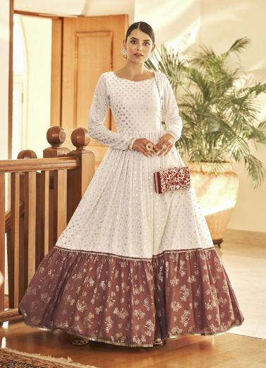 White & Brown Georgette Foil-Print Party-Wear Floor-Length Gown