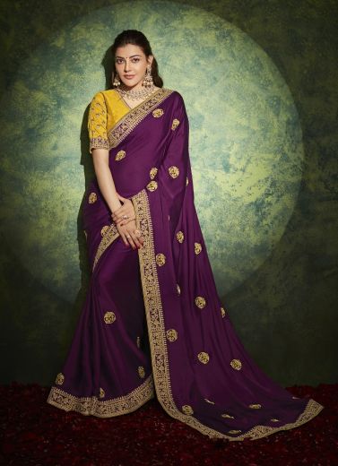 Purple Organza Silk Embroidery Wedding-Wear Saree