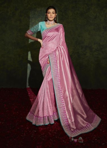 Pink Organza Silk Embroidery Wedding-Wear Saree