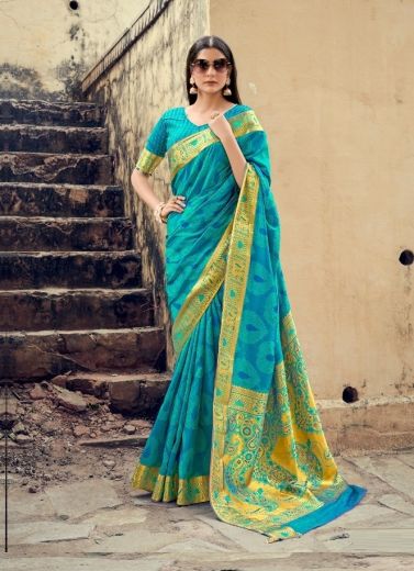 Dark Sky Blue Banarasi Silk Weaving Festive-Wear Saree