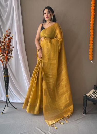 Mustard Yellow Pure Tissue Silk With Zari Weaving Festive-Wear Saree