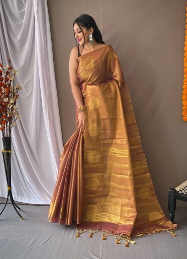 Light Mustard Pure Tissue Silk With Zari Weaving Festive-Wear Saree