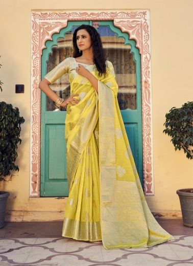 Yellow Silk Weaving Festive-Wear Soft Silk Saree