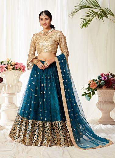 Sea Blue Net With Silk Satin Embroidery Party-Wear Stylish Lehenga Choli (With 2 Layer Can-Can) 