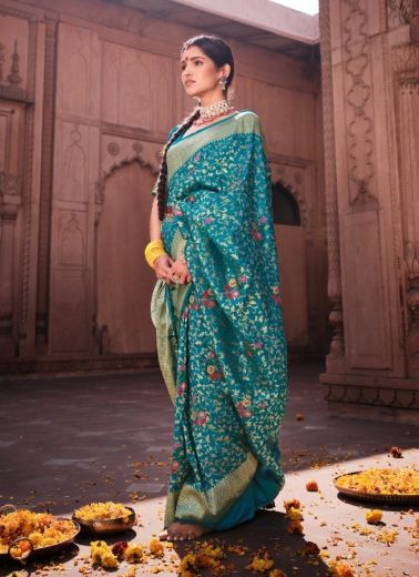 Dark Sky Blue Silk Weaving Festive-Wear Banarasi Silk Saree