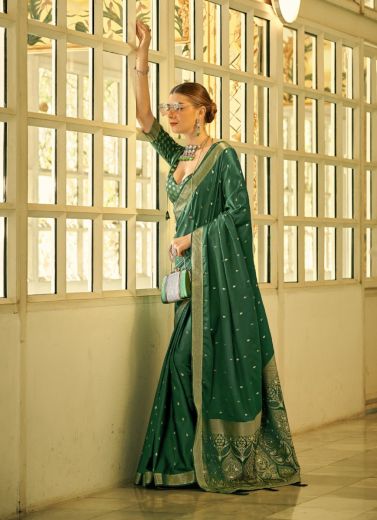 Green Woven Satin Jari Silk Party-Wear Saree