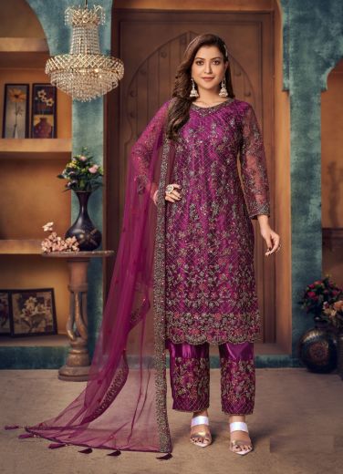 Purple Net Embroidery Ramadan Special Pant-Bottom Salwar Kmaeez