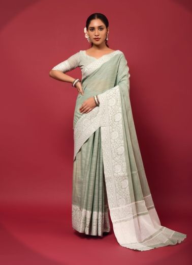 Light Sage Green Soft linen Chikankari Festive-Wear Lakhnavi Saree