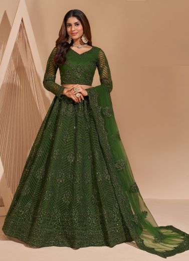 Dark Olive Green Net With Silk Cording, Thread, Embroidery & Stone Work Wedding-Wear Bridal Lehenga Choli