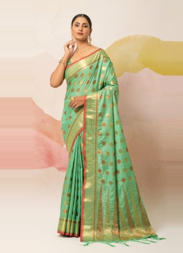Mint Green Ghicha Silk With Zari Weaving Festive-Wear Saree