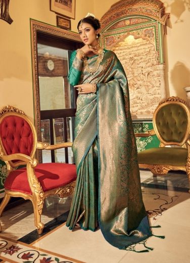 Teal Green Soft Handloom Weaving Festive-Wear Kanjivaram Silk Saree
