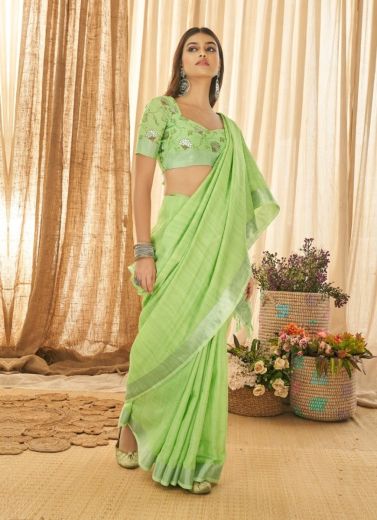 Light Green Linen Weaving Festive-Wear Foil Print Saree