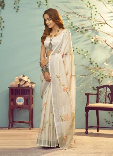 Off White Soft Linen Silk Printed Festive-Wear Fashionable Saree