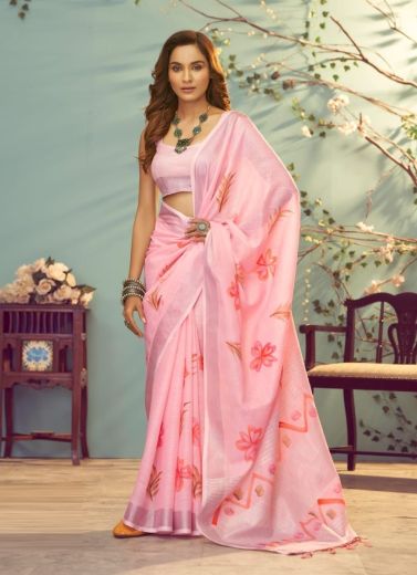 Pink Soft Linen Silk Printed Festive-Wear Fashionable Saree