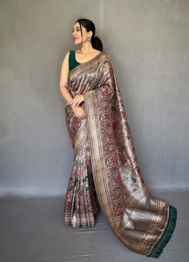 Silver Kalamkari Printed Festive-Wear Soft Silk Saree