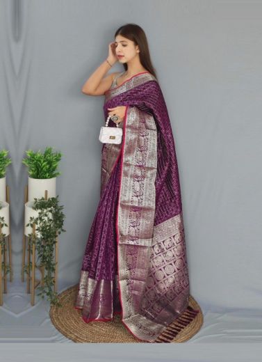 Purple Silk Weaving Festive-Wear Checks Saree