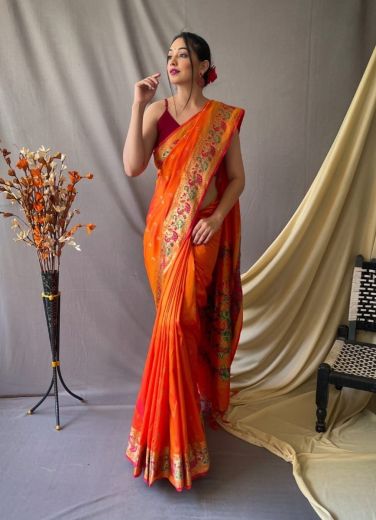 Orange Red Paithani Silk Weaving Festive-Wear Saree