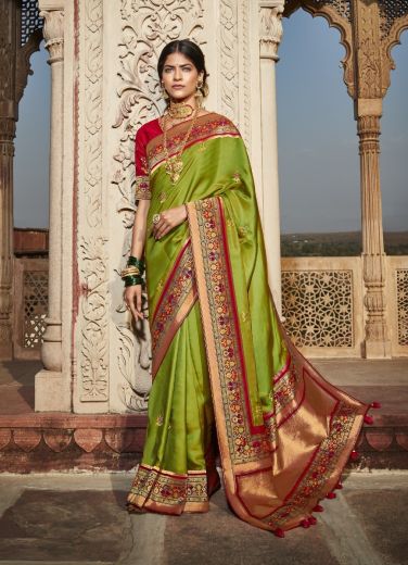 Olive Green Silk Paithani Weaving Festive-Wear Saree