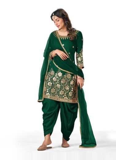 Green Silk Mirror-Work  Festive-Wear Patiala Salwar Kameez