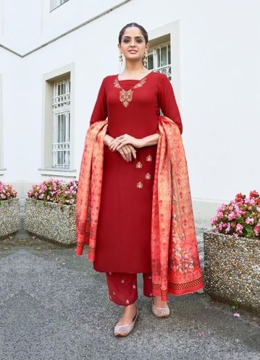 Red Rayon Digital Printed Festive-Wear Pant-Bottom Readymade Salwar Kameez