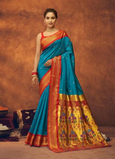 Dark Sky Blue Maharani Paithani Weaving Festive-Wear Silk Saree