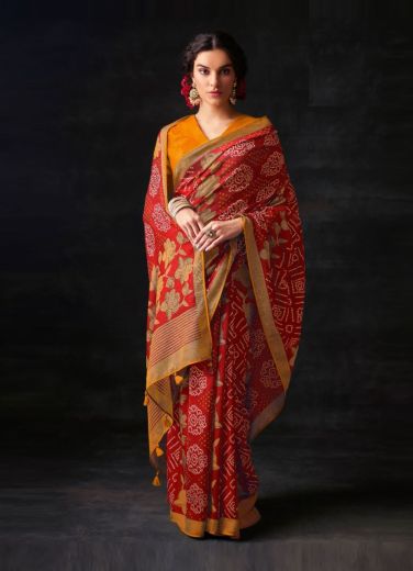 Red Brasso Silk With Bandhani Print Festive-Wear Saree [Contrast-Blouse]