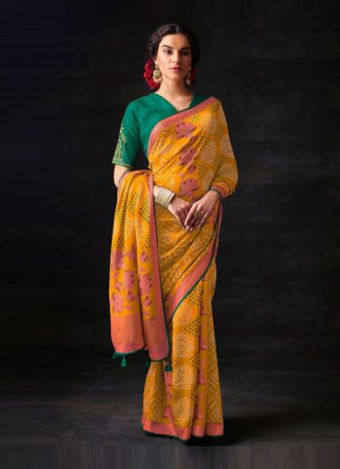 Orange Brasso Silk With Bandhani Print Festive-Wear Saree [Contrast-Blouse]